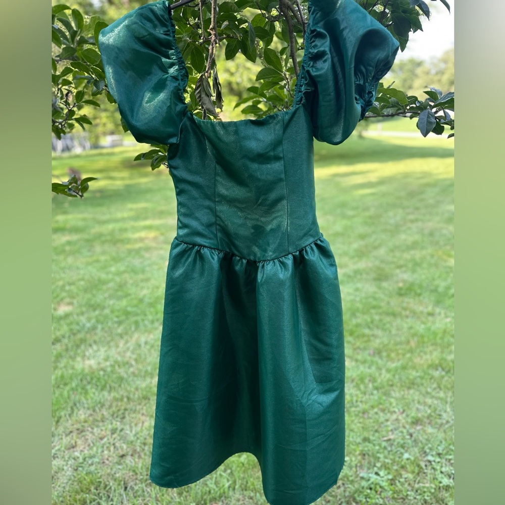 Lulus Exclusive Charm Emerald Green‎ Taffeta Puff Sleeve Midi Dress | Size L